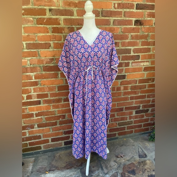 Rose Petals Kaftan One Size OSFA Ikat Ethnic Print Boho Maxi Dress Cotton - Picture 1 of 7